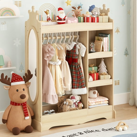 Curipeer Kids Dress up Storage with Mirror,Armoire Wardrobe Closet for Kids Room,Natural Wood Color