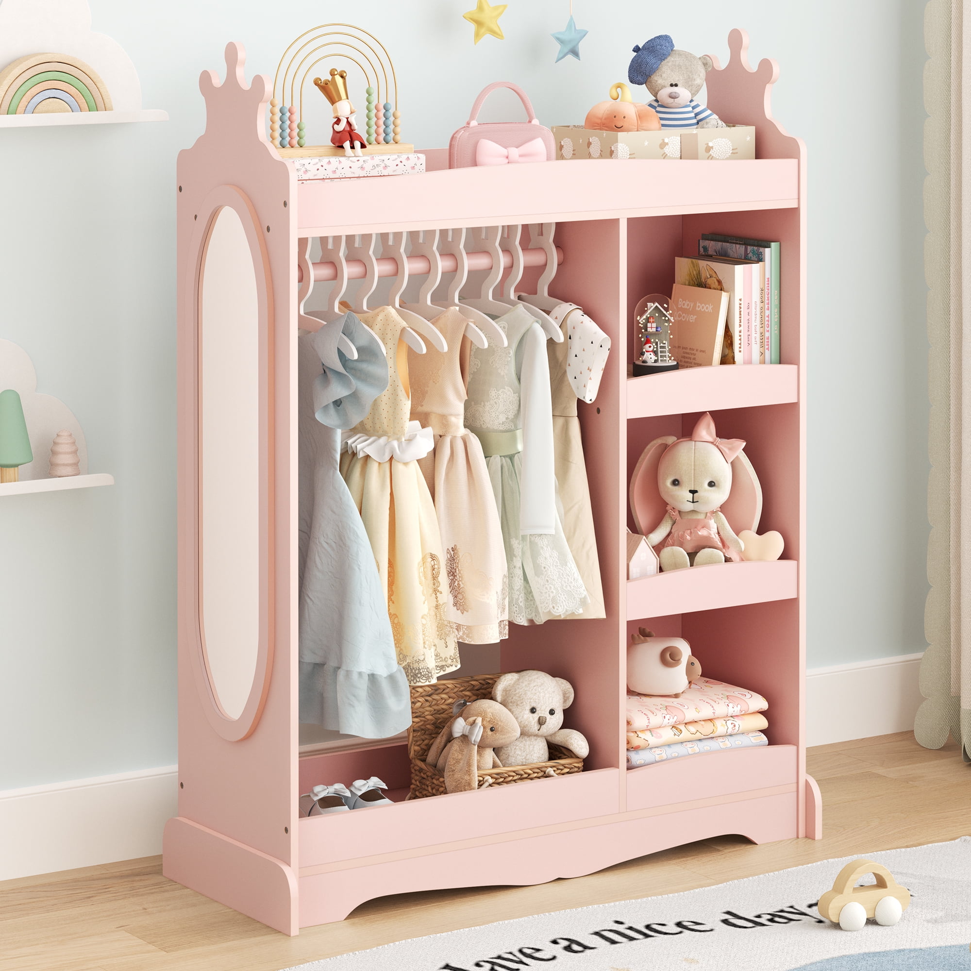 Curipeer Kids Dress up Storage with Mirror,Armoire Wardrobe Closet for Kids Room,Pink Curipeer Kids Dress up Storage with Mirror,Armoire Wardrobe Closet for Kids Room,Pink
