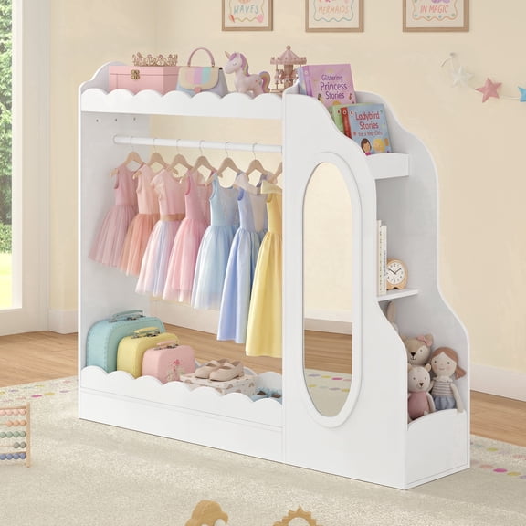Curipeer Kids Dress up Storage with Mirror & Bookshelves, Wood Armoire Wardrobe Closet for Bedroom,White