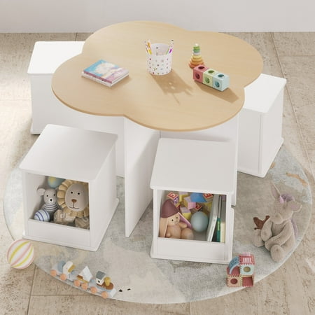 Curipeer Nesting Design Kids Table and Chair Set with 4 Square Storage Stools (Natural / White)
