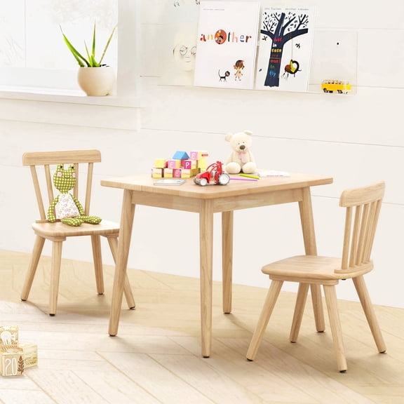 Curipeer Windsor Rubberwood Kids Table and 2 Chairs Set with Non-Slip Legs Round Edge Design for Play, Natural Wood