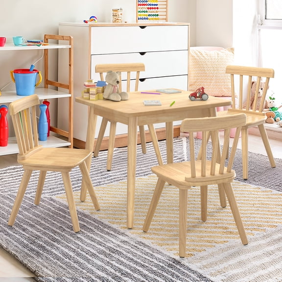 Curipeer Windsor Rubberwood Kids Table and 4 Chairs Set with Non-Slip Legs Round Edge Design for Play, Natural Wood
