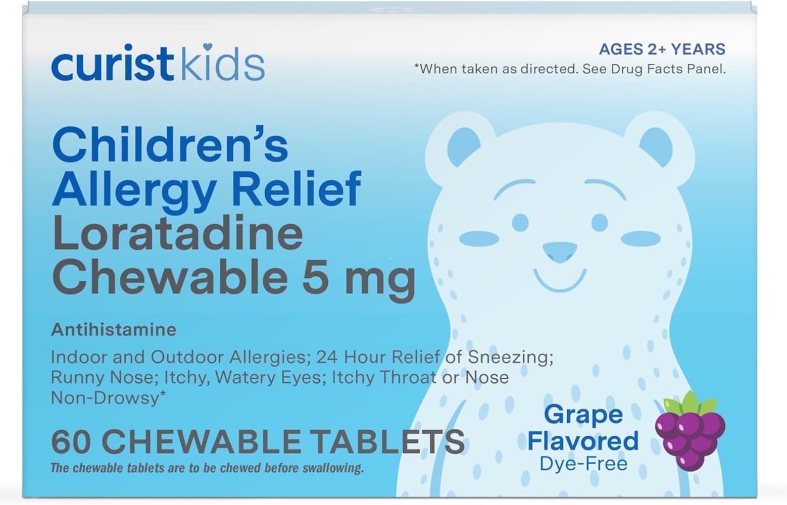 Curist Childrens Allergy Medicine Loratadine  5mg 60 Ct Chewable Tablets for Itchy Eyes and Throat