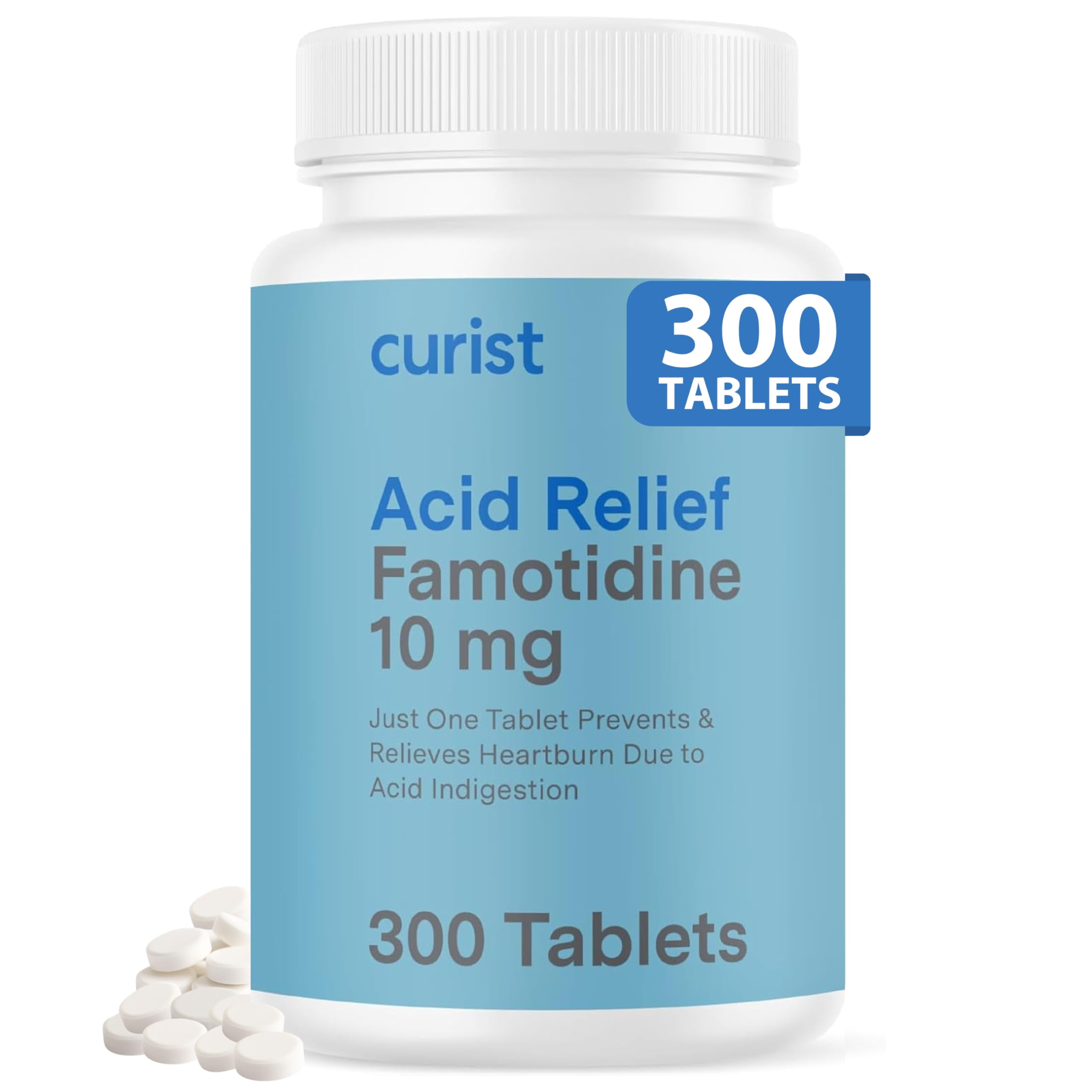 Curist Famotidine 10mg Bulk Pack, Acid Reflux Medicine for Heartburn Relief, OTC Maximum Strength Stomach Acid Reducer, Anti Acid Relief Tablets for Indigestion Heartburn Relief, 300 Tablets