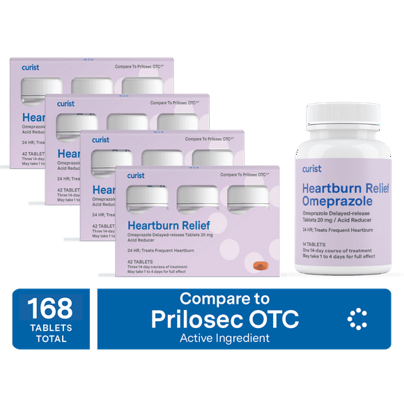 Curist Heartburn Relief Omeprazole 20 mg 168 Tablets Delayed-Release Acid Reflux Medicine