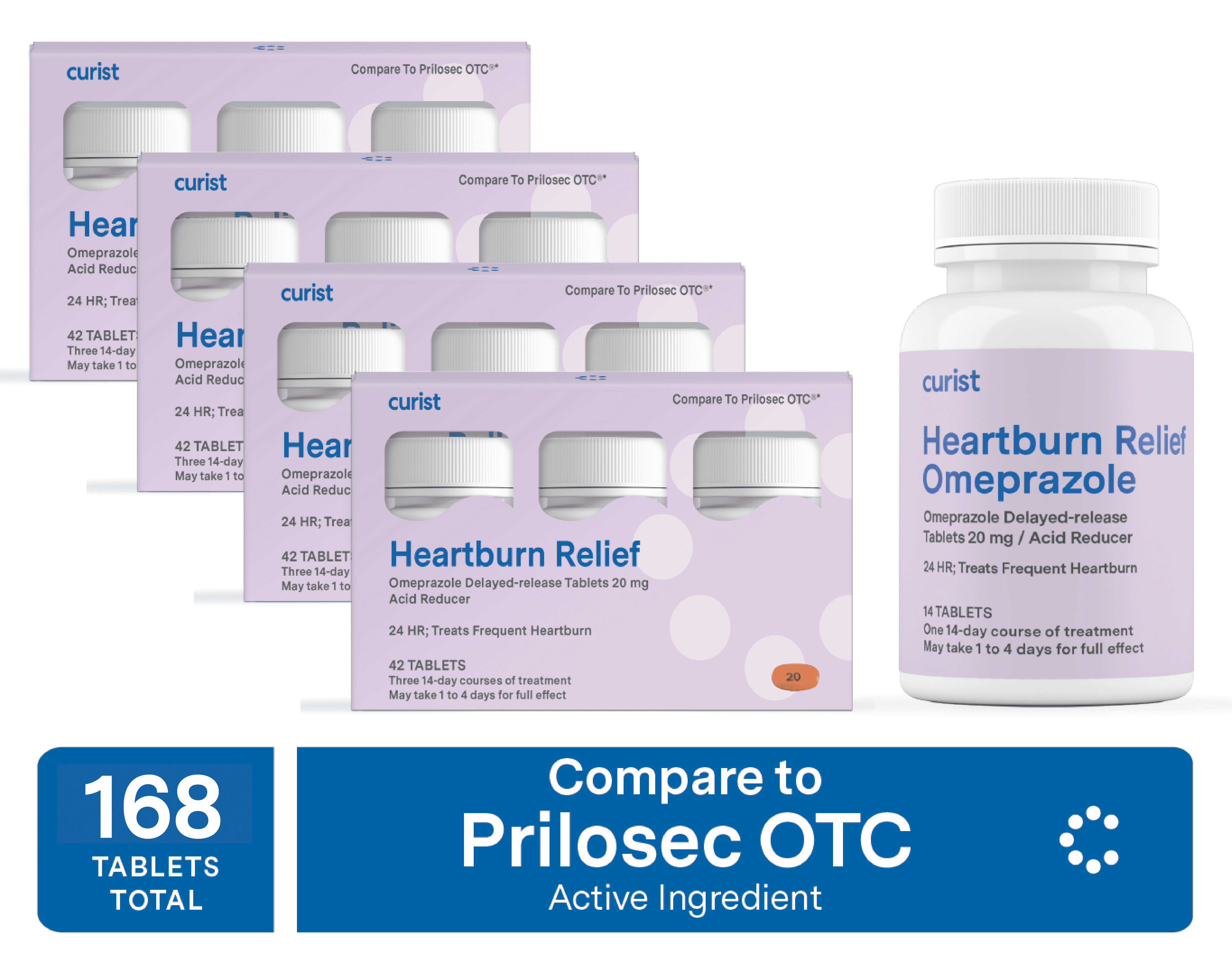 Curist Heartburn Relief Omeprazole 20 mg 168 Ct Tablets, Delayed-Release Acid Reflux Medicine for Adults, 24 Hour Acid Reducer, Compare to Prilosec OTC