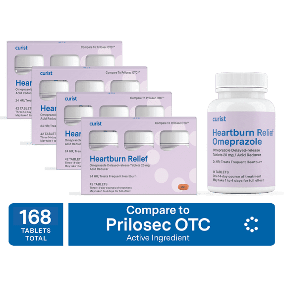 Curist Heartburn Relief Omeprazole 20 mg 168 Ct Tablets, Delayed-Release Acid Reflux Medicine for Adults, 24 Hour Acid Reducer, Compare to Prilosec OTC
