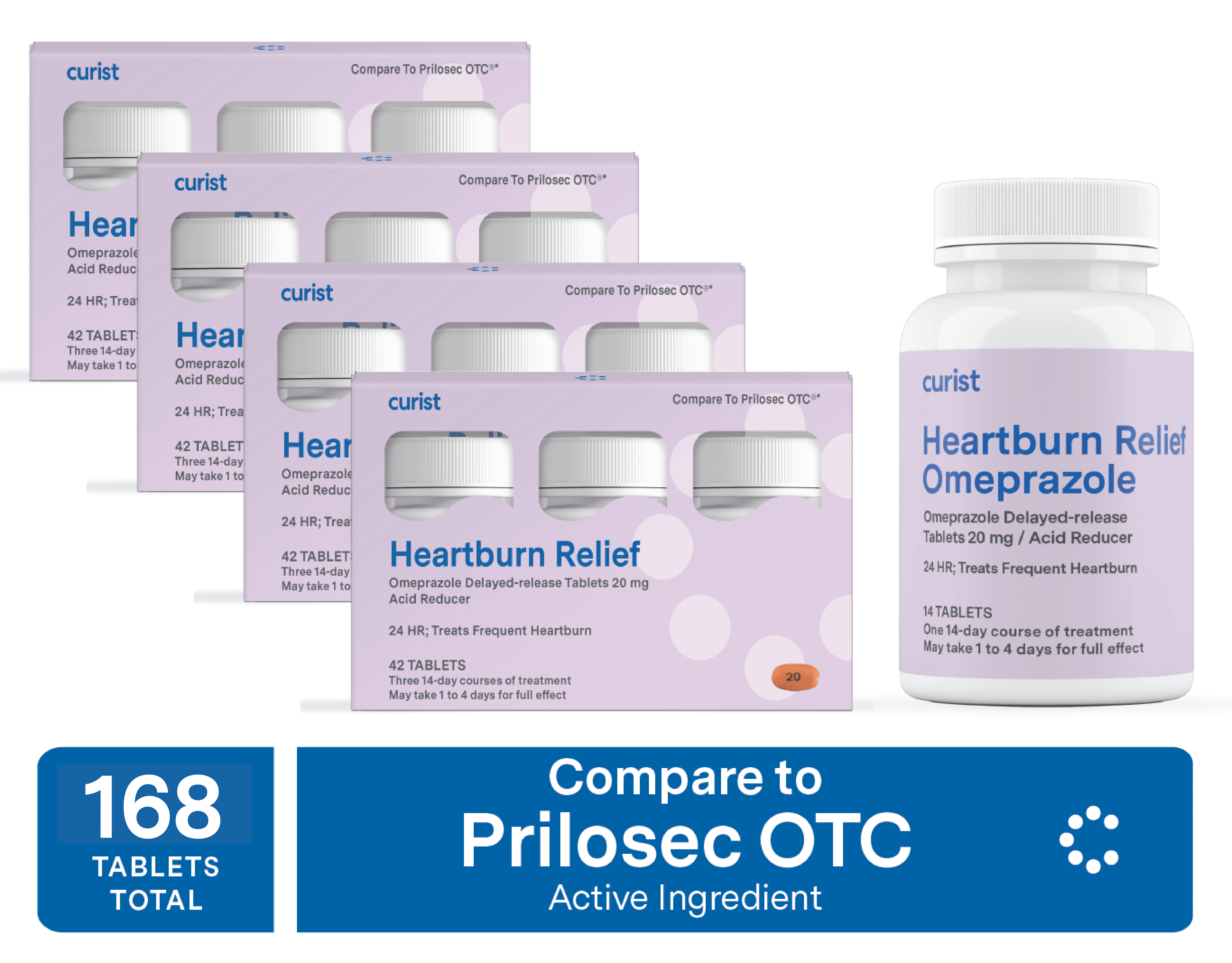 Curist Heartburn Relief Omeprazole 20 mg 168 Tablets Delayed-Release Acid Reflux Medicine