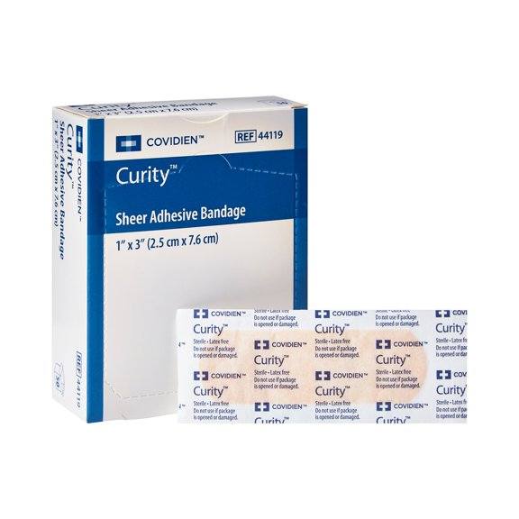 Curity Sheer Adhesive Bandage, Sterile, 1 in x 3 in, 50 Count, 72 Packs, 3600 Total