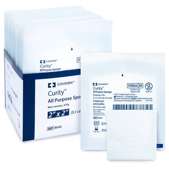 Curity Sterile AllPurpose Sponges 2"x 2", 4Ply - Absorbent Rayon/Polyester Medical Pads, LatexFree, PeelBack Pack, 8042 (Box of 25 l)