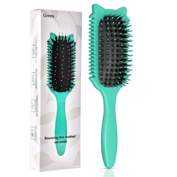 Curl Defining Brush, Curly Hair Brush for Curls Waves & Coils, Define, Volumize, Detangle Women Girls Curls, Reduce Hair Pulling Frizz, Fun Cat-Head Design, Green, 1PCS