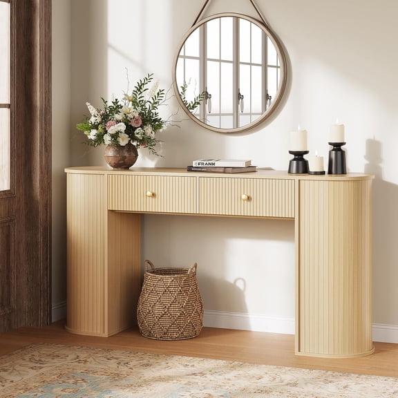 Curlaky 59" Fluted Console Table with 2 Drawers - Wood Entryway Table with Storage, Long Modern Sofa Tables Behind Couch with Curved Leg for Living Room, Entry, Hallway, Entrance, Foyer, Natural