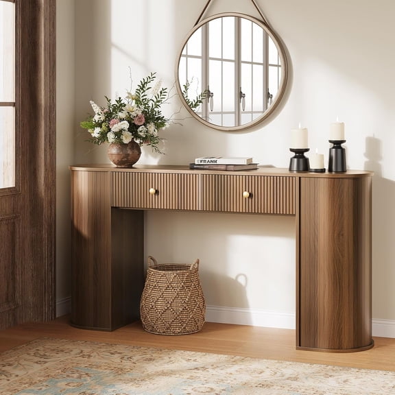 Curlaky 59" Fluted Console Table with 2 Drawers - Wood Entryway Table with Storage, Mid Century Modern Long Sofa Tables Behind Couch with Curved Legs for Living Room, Entry, Hallway, Foyer, Walnut