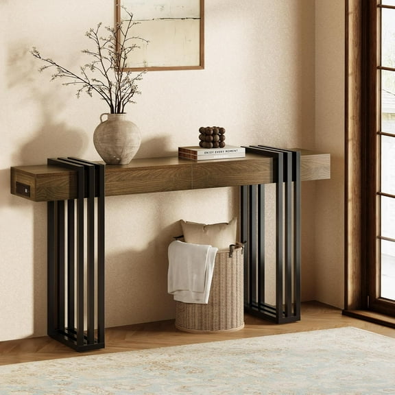Curlaky 63" Long Console Table for Entryway - Behind Couch Table for Living Room, Wood Sofa Tables with Black Parallel Metal Frame & Power Outlet for Hallway, Entrance, Narrow Foyer, Walnut