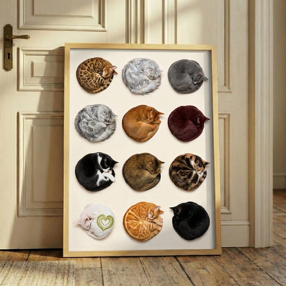 Curled Cat Collage Retro Feline Wall Art Poster Unframed Paper Print