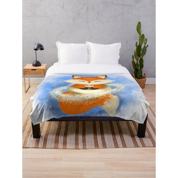 Curled Orange Fox in Snow Blue Fleece Blanket, Polyester, 280 GSM, Woodland Style for Couch or Bed