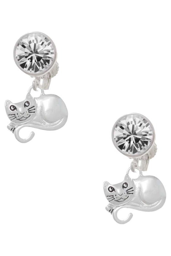 Curled Up Cat Clear Crystal Clip On Earrings