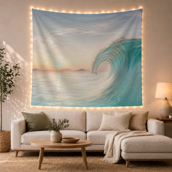 Curling Barrel Wave in a Golden Sunrise with Distant Mountains, Dramatic Coastal for Ocean Lovers, Nature Wall Art Decor, Housewarming Gift, Tapestry Wall Hanging for Bedroom and Dorm