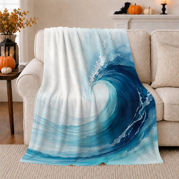 Curling Blue Ocean Wave with Soft Aqua Foam, Coastal Surf Art for Beach Lovers, Birthday Gift, Soft Flannel Blanket for Bedroom and Lounge, Fresh Ocean Home Decor
