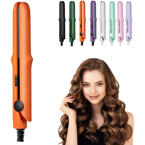 Curling Iron, 2-in-1 Mini Curling Wand & Flat Iron Hair Straightener, 3D Curling Iron for Short Hair, CurlingIron, Mini Dual Purpose, for Travel, Rapid Heating (Orange)