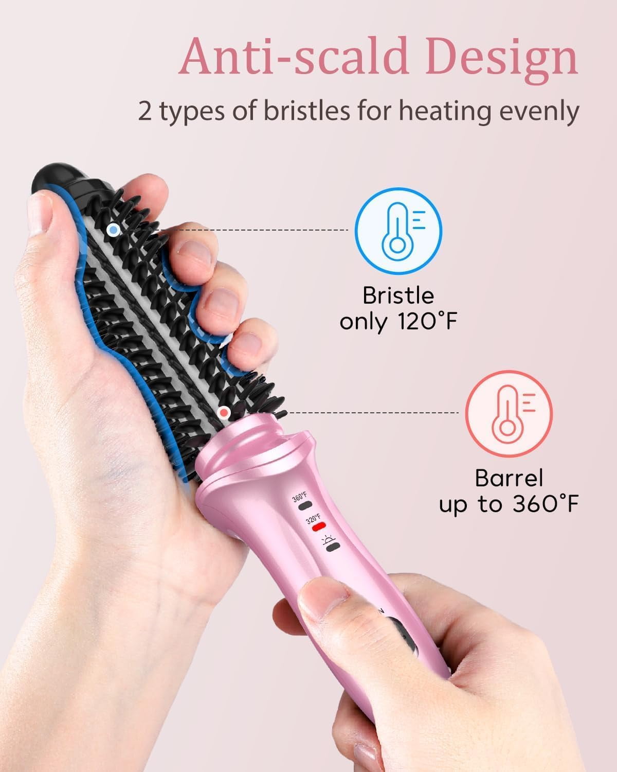 Curling Iron Brush for Short Long Hair, Hair Curling Brush Long Barrel Tourmaline Ceramic, Dual Voltage Curling Brush Iron with Anti-Scald Bristles (Purple)
