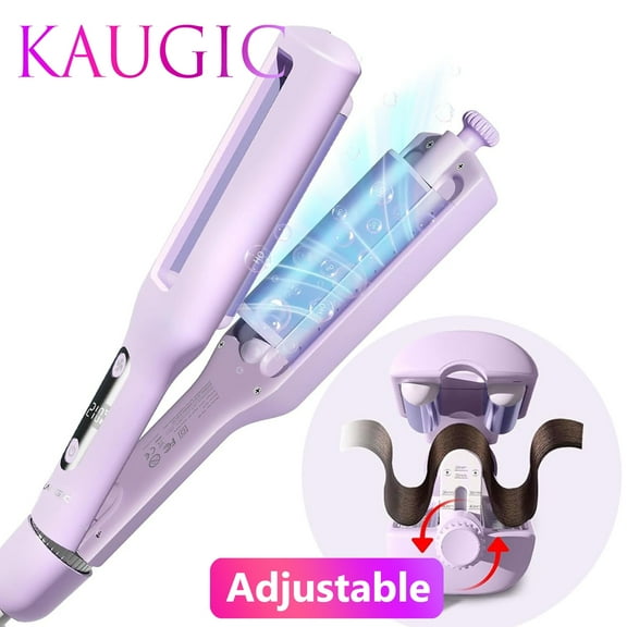 Curling Iron Hair Crimper Waver - KAUGIC Beach Waves Curling Wand, Ionic Deep Waver Hair Curler Tool with Ceramic 3 Barrel for Women, Dual Voltage, Anti-Scald, Easy to Use, Purple, 1.25 Inch