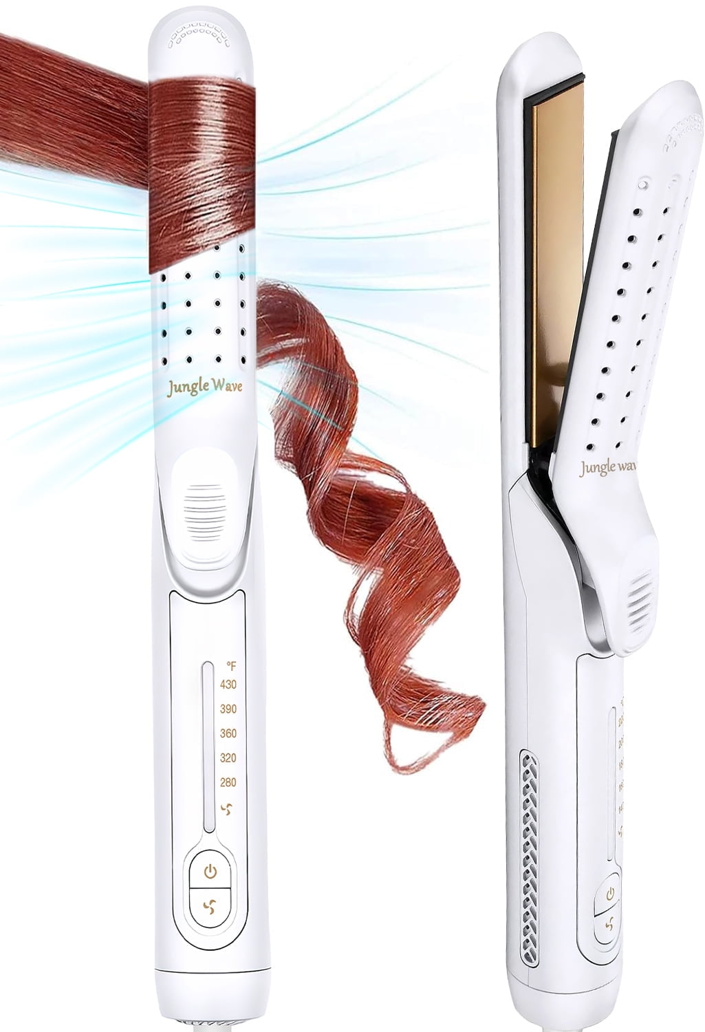 Curling Iron, Jungle Wave Pro Airflow Styler 2 in 1 Hair Straightener and Curler, Ionic Ceramic Flat Iron with 360° Cool Air, 1 Inch, White