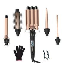 Curling Iron Set, 5 in 1 Curling Wand Beach Hair Waver & 3 Interchangeable Ceramic Barrel with Curling Brush, Instant Heating Hair Styling Tools, Adjustable Temperature, LED Display