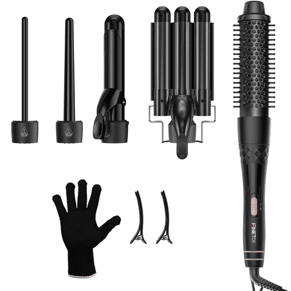 FINETOL 5-in-1 Interchangeable Curling Iron Wand Set with 3 Barrels & Curling Thermal Brush | Ceramic Coated for Long-Lasting Curls, Waves Hair Curler (0.35-1.25 inch)