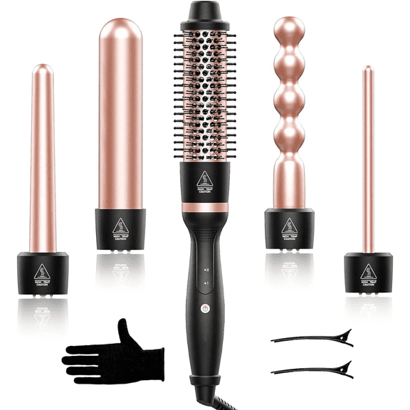 5 in 1 Curling Wand Set, Adjustable Temperature Hair Curler Kit with Heated Round Brush & Bubble Curling Wand, Curling Iron Set Waver Crimper Hair Tool Gift for Women