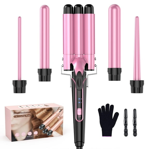 Curling Iron Wand, 5 in 1 Curling Wand Set with 3 Barrel Hair Crimper for Women, 0.35 to 1.25 Inch Interchangeable Ceramic Barrel, Fast Heating Hair Wand Curler in All Hair Type, Pink