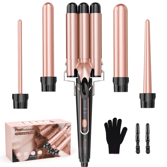 Curling Iron Wand, 5 in 1 Curling Wand Set with 3 Barrel Hair Crimper for Women, 0.35 to 1.25 Inch Interchangeable Ceramic Barrel, Fast Heating Hair Wand Curler in All Hair Type
