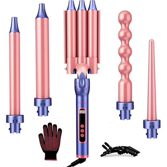 Curling Iron Wand Set 5 in 1 Hair Curler with 3 Barrel Crimper Fast Heat Up Dual Voltage Curling Wand for All Hair Types with LCD Display,Best Gifts for Women or Girl