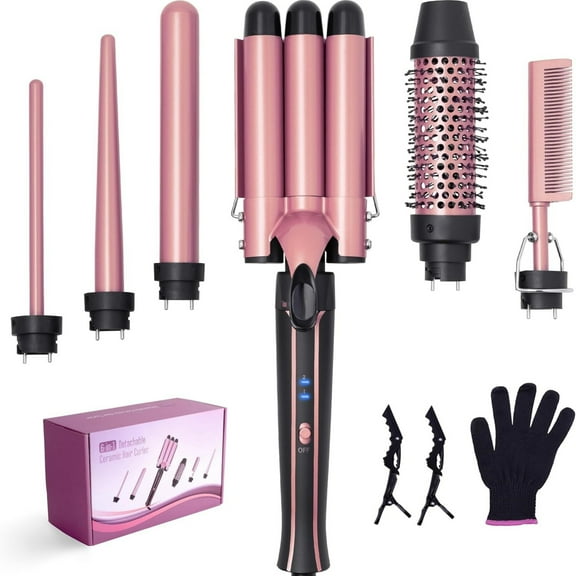 Curling Iron Wand Set 6-in-1 - Hair Curler with 3 Barrel Hair Crimper, Tapered, Spiral Curling Iron - Fast Heating Travel Hot Styling Tools for Women with Dual Voltage