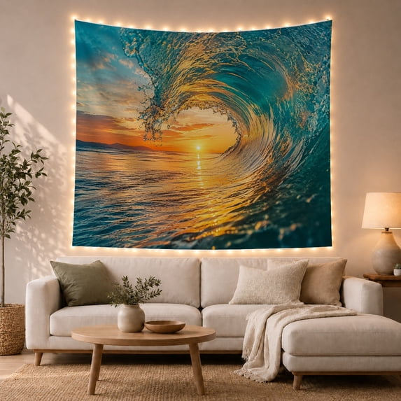 Curling Ocean Wave at Golden Hour Sunset, Dramatic Coastal for Beach Lovers, Photorealistic Surfing Wall Art, Housewarming Gift, Tapestry Wall Hanging for Bedroom and Living Room