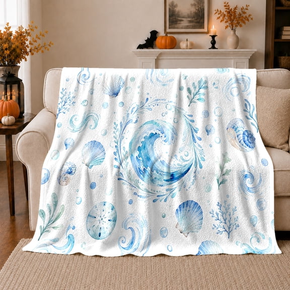 Curling Ocean Wave With Seashells And Delicate Aquatic Sprigs for Ocean Art Lovers, Airy Watercolor Home Decor for Bedroom and Living Room, Housewarming Gift with Cozy Flannel Blanket