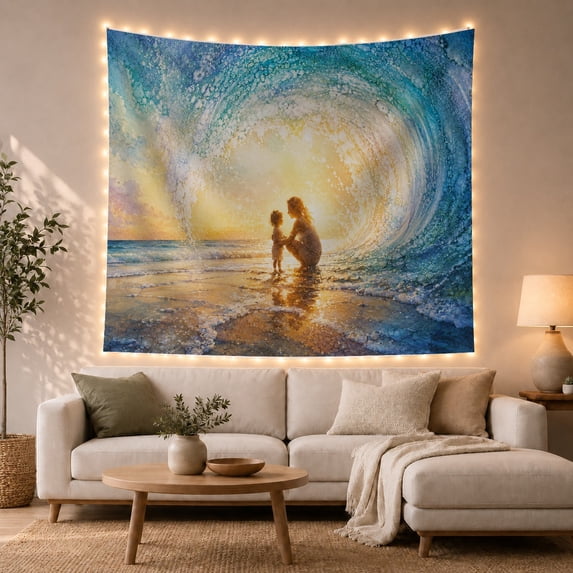 Curling Ocean Wave Over Woman And Child, Serene Coastal Style For Beach Lovers, Sunset Wall Art, Housewarming Gift, Tapestry Wall Hanging For Bedroom, Living Room And Dorm