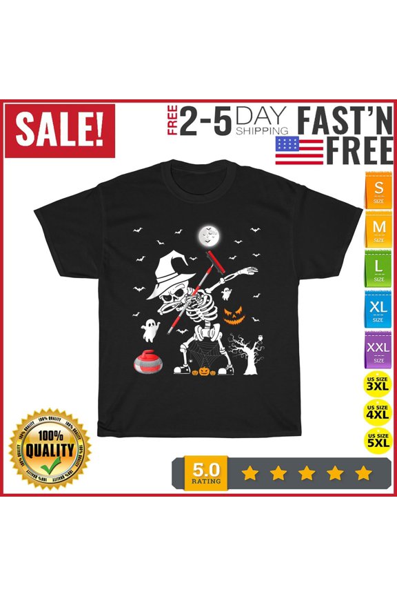 Curling Sports Funny Skeleton Dabbing Curling Halloween T Shirt Men Women New