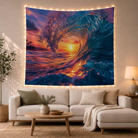 Curling Wave Over Tropical Sunset Seascape with Palm Trees, Dramatic Digital Art for Ocean Lovers, Coastal Beach Decor, Housewarming Gift Tapestry Wall Hanging for Bedroom and Living Room