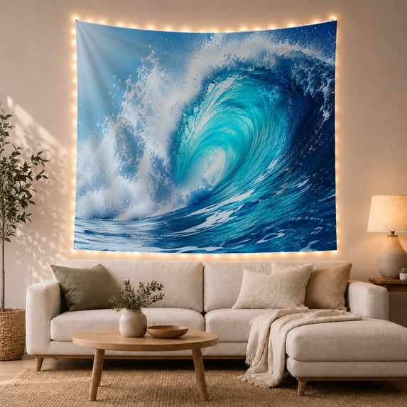 Curling Wave with Turquoise Foam and Spray, Energetic Coastal Style for Ocean Lovers, Surf Wall Decor, Housewarming Gift, Tapestry Wall Hanging for Bedroom and Living Room