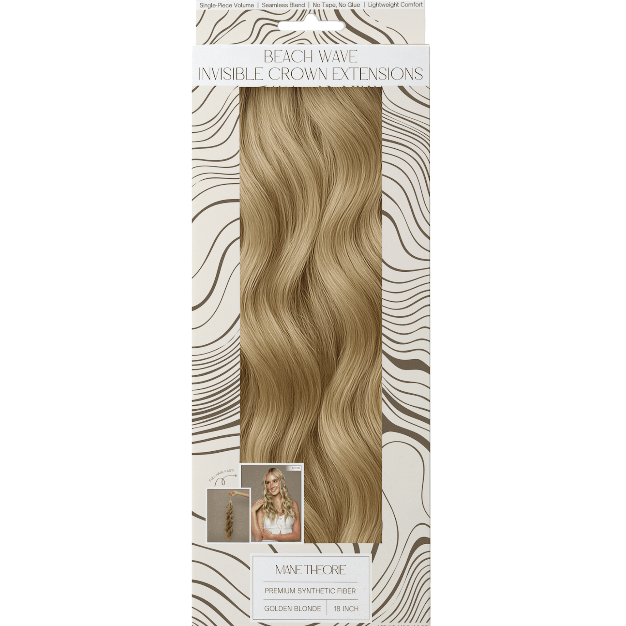 Mane Theorie Beach Wave Halo Hair Extensions for Women, 18 inch, golden blonde