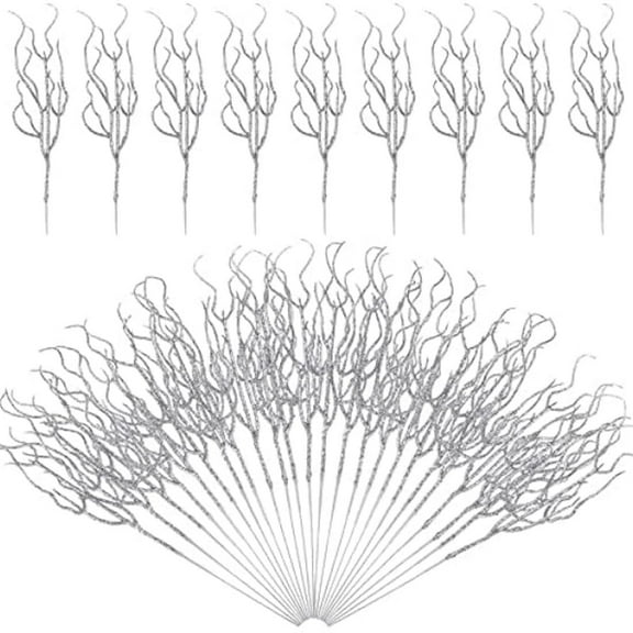 Curly Artificial Christmas Stems Glitter Christmas Tree Filler Branches Glitter Stems Vase Filler Table Centerpiece Christmas Tree Picks for Crafts Decorations, 30Pcs, Silver, 13 in