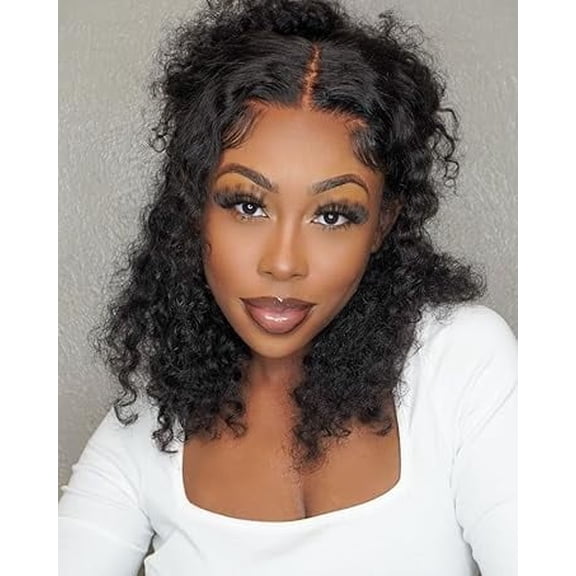 Curly Bob Wig Human Hair 4X4 Water Wave Lace Front Wig Human Hair Pre Plucked 180% Density Deep Wave Curly Bob Wigs for Women Natural Color 10 inch