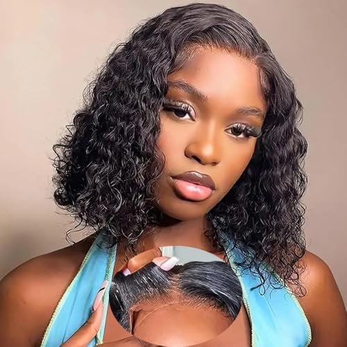 Curly Bob Wig Human Hair Water Wave 4x4 Lace Closure Glueless Wear and Go Bob Curly Wigs Pre Plucked Pre Cut Short Bob Wig Curly Human Hair Hairline for Beginner Friendly 12 Inch