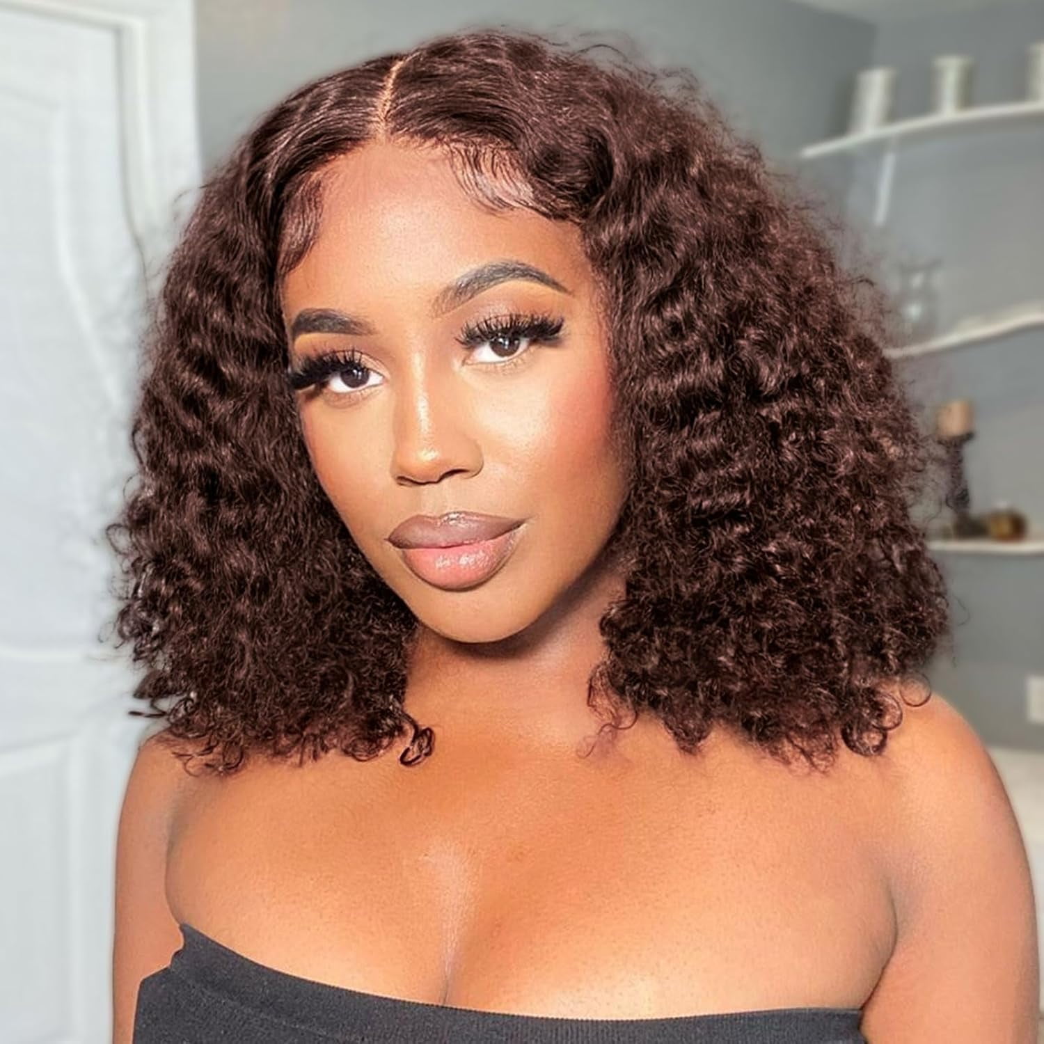 Curly Bob Wig Synthetic Wig Deep Wave 13x6 HD Lace Front Wigs For Black Women Hair Pre Plucked Wear And Go Glueless Short Wet And Wavy Chocolate Brown 12 Inch