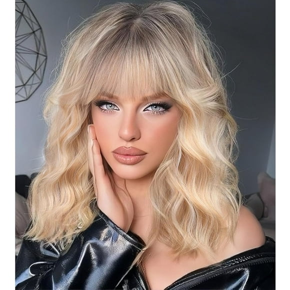 Curly Bob Wig with Bangs Short Wavy Ombre Blonde Wigs for Women Lob Haircut Synthetic Heat Resistant Bob Wigs 14IN ombre blonde