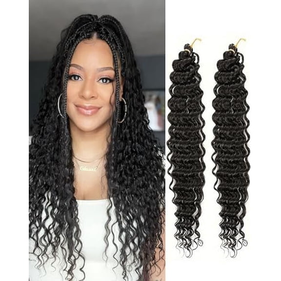Curly Braiding Hair 30Inch 2 Packs Deep Wave Crochet Hair with Crochet Hook, Long Wave Braiding Hair for Women, Synthetic Hair Curly Crochet Hair Extensions Black(1B)