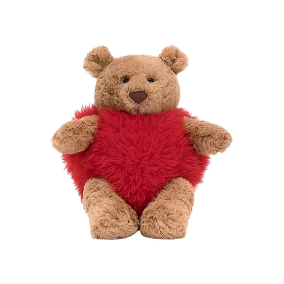 Curly Brown Bear Stuffed Plush Toy Wearing Plush Red Heart Shape Full Onesie Outfit Ultra Soft Fluffy Huggable Decorative Plush Ornament For Indoor Display & Versatile Holiday Present(Red-26cm)