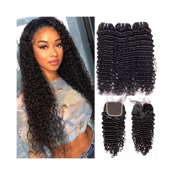 Curly Bundles with 4×4 Closure Deep Wave Malaysian Human Hair Extensions 3 Bundles with Lace Closure