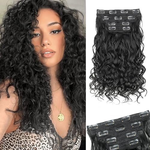 Curly Clip In Hair Extensions,4PCS 16 inch Thick Curly Hair Extensions Lace Weft Clip Ins Invisible  Synthetic Hairpieces for Women,Black